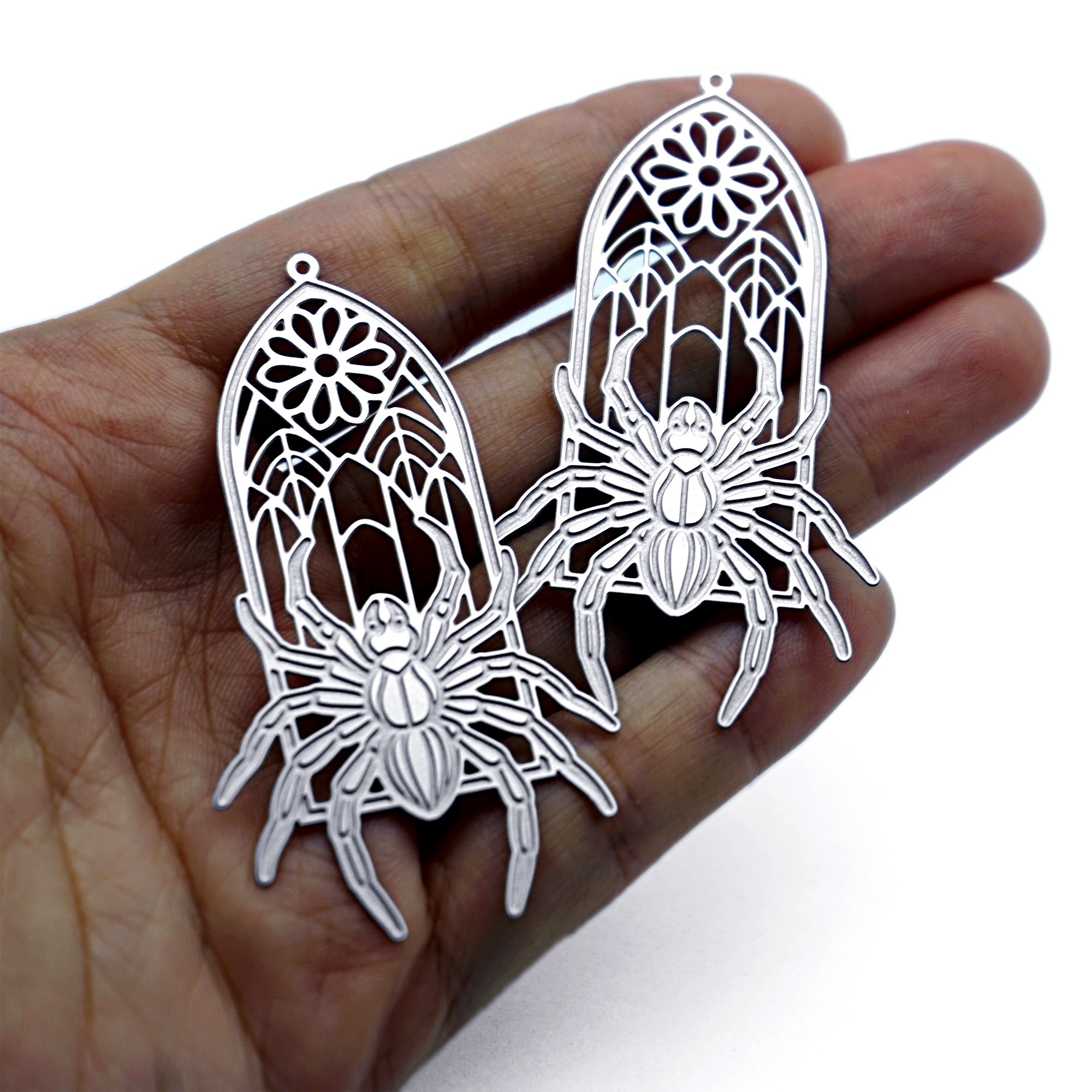 Spider Gothic Window Etched Stainless Steel Charms, Floral Spider Earring Findings, Halloween Jewelry Supplies (SSB1085)