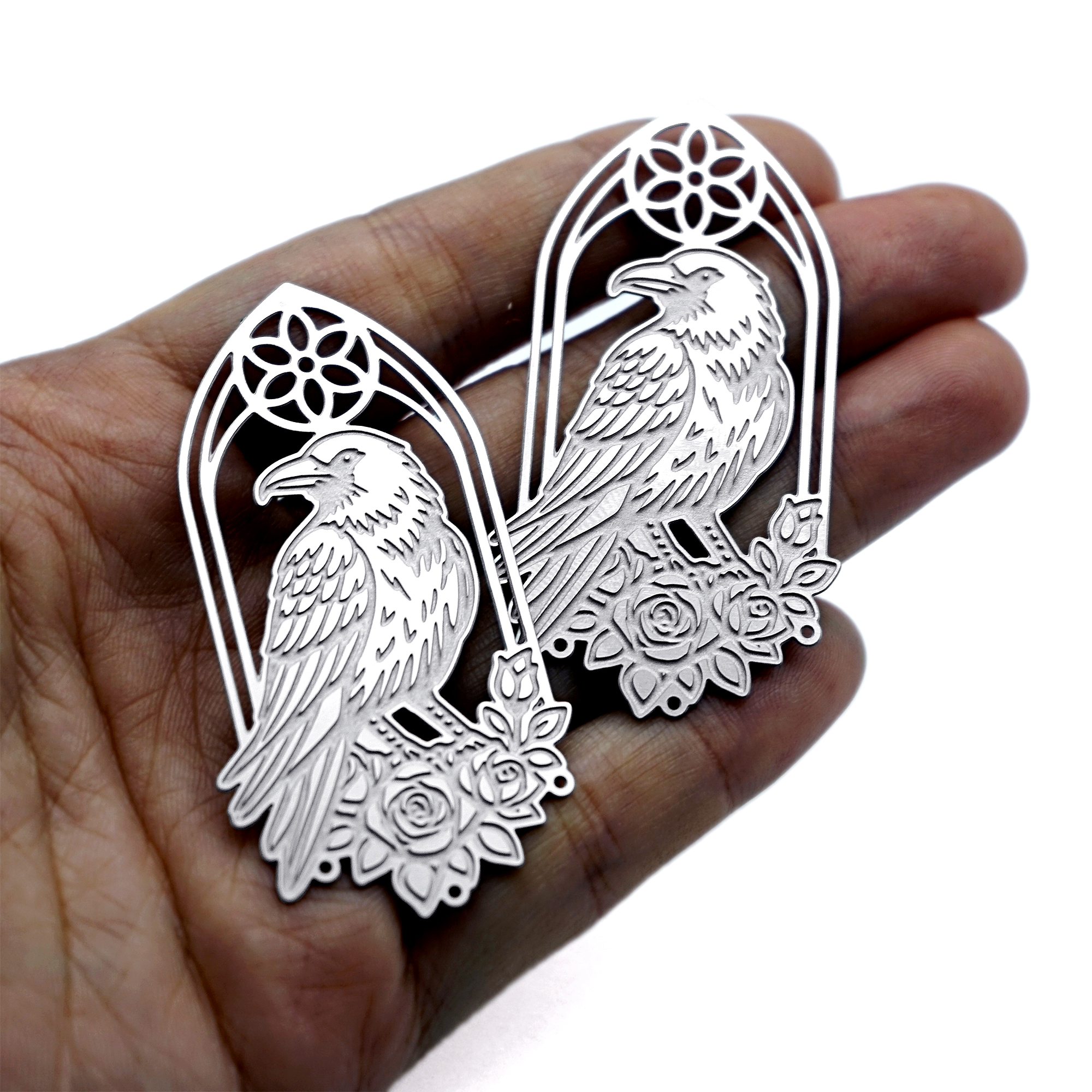Raven Rose Gothic Window Etched Stainless Steel Charms, Bird Earring Findings, Dark Floral Jewelry Supplies (SSB1192)