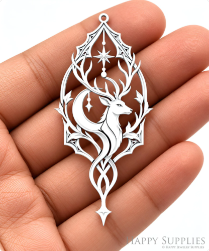 Deer Stag Charm Pendant, Celestial Moon Antler Jewelry Finding, Etched Stainless Steel Earring Component (SSB1273)