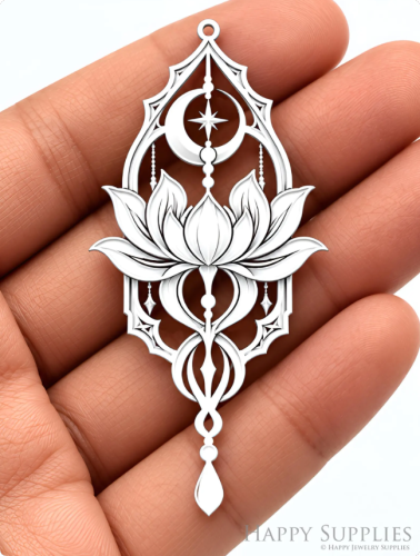 Lotus Flower Charm, Crescent Moon Celestial Pendant, Etched Stainless Steel Jewelry Finding, Earring Component (SSB1274)