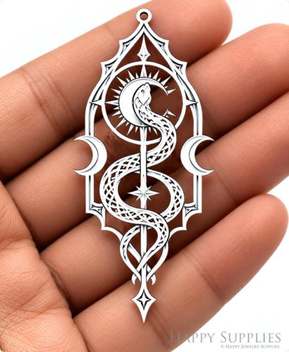 Snake Charm Pendant, Celestial Moon Serpent Jewelry Finding, Etched Stainless Steel Earring Component (SSB1275)