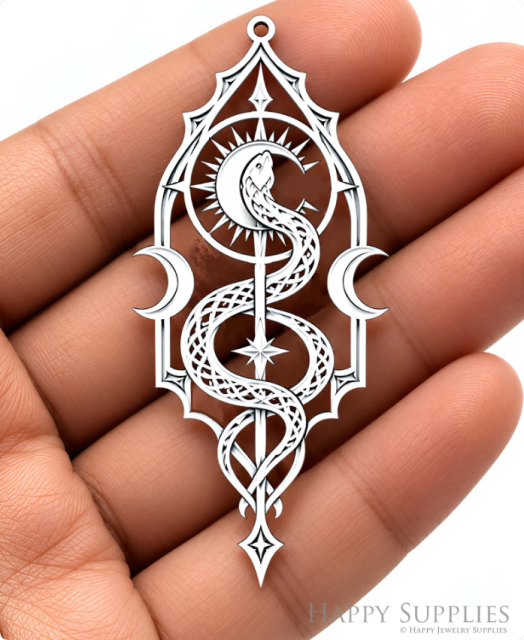 Snake Charm Pendant, Celestial Moon Serpent Jewelry Finding, Etched Stainless Steel Earring Component (SSB1275)