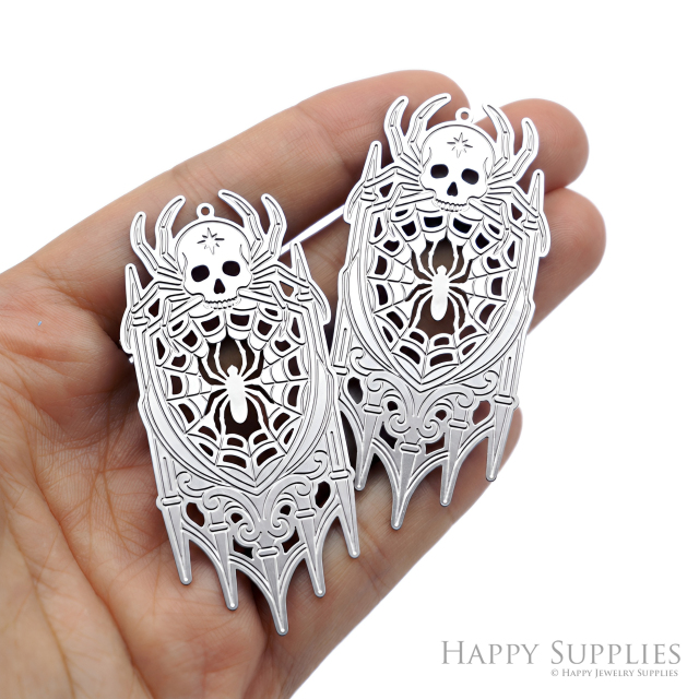 Spider Web Skull Charms, Etched Stainless Steel Pendants, Gothic Halloween Jewelry Supplies, Creepy Spider Earring Findings (SSB1276)