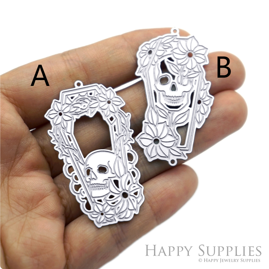 Floral Skull Coffin Charms, Etched Stainless Steel Pendants, Gothic Halloween Jewelry Supplies, Skeleton Flower Findings (SSB1278)