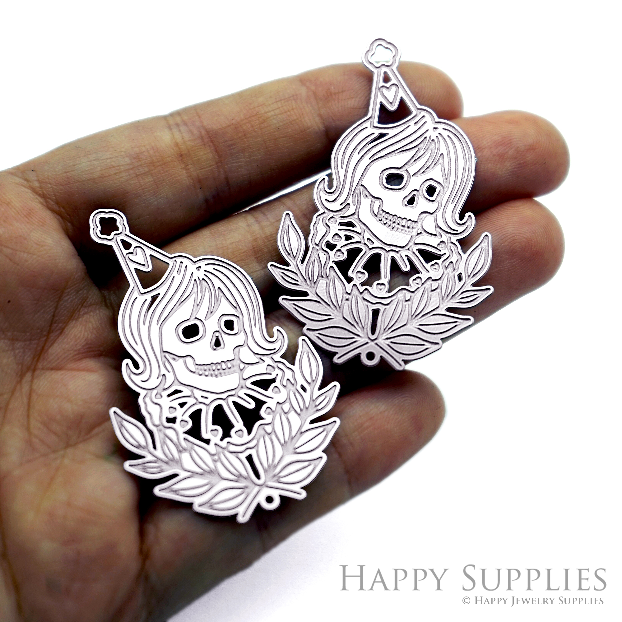 Party Hat Skull Charms, Etched Stainless Steel Pendants, Gothic Skeleton Girl Jewelry, Halloween Floral Findings (SSB1277)
