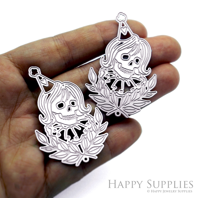 Party Hat Skull Charms, Etched Stainless Steel Pendants, Gothic Skeleton Girl Jewelry, Halloween Floral Findings (SSB1277)