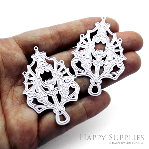 Bat Wing Floral Charms, Etched Stainless Steel Pendants, Gothic Halloween Jewelry Supplies, Vampire Bat Findings (SSB1284)