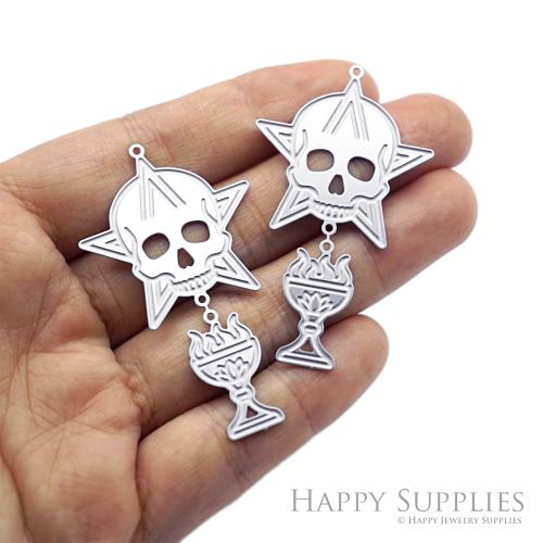4pcs(1set) Skull Star Charms, Etched Stainless Steel Pendants, Gothic Flame Chalice Dangles, Halloween Jewelry Findings (SSB1282)