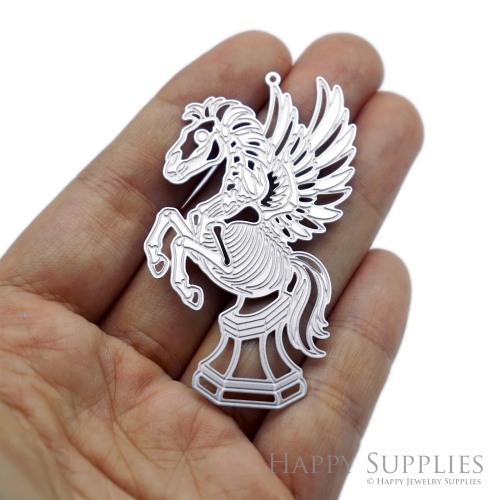 Winged Skeleton Horse Charms, Etched Stainless Steel Pendants, Gothic Pegasus Jewelry Supplies, Halloween Horse Findings (SSB1285)