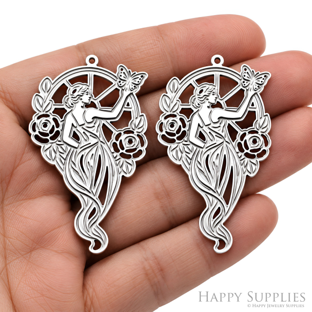 Rose Fairy Stainless Steel Charm, Art Nouveau Floral Woman Pendant, Etched Steel Butterfly Finding, Romantic Earring Supplies (SSB1287)