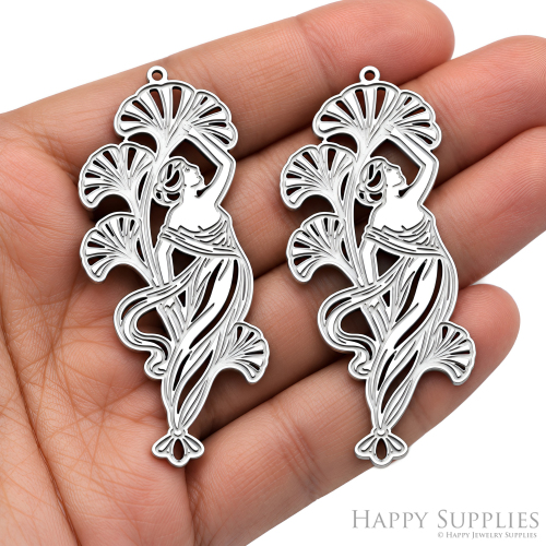 Ginkgo Leaf Woman Charm, Botanical Lady Steel Pendant, Etched Stainless Steel Finding, Nature Earring Supplies (SSB1288)