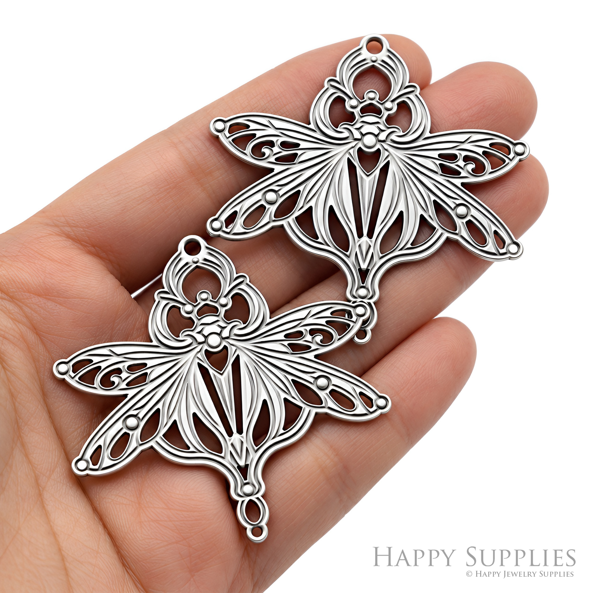 Decorative Moth Steel Charm, Art Nouveau Insect Pendant, Etched Stainless Steel Finding, Nature Jewelry Supplies (SSB1290)