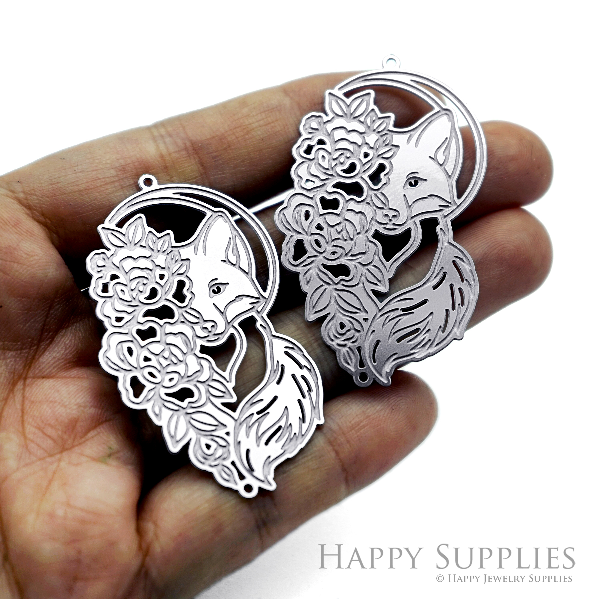 Floral Fox Moon Charm, Woodland Animal Steel Pendant, Etched Stainless Steel Finding, Forest Earring Supplies (SSB1292)
