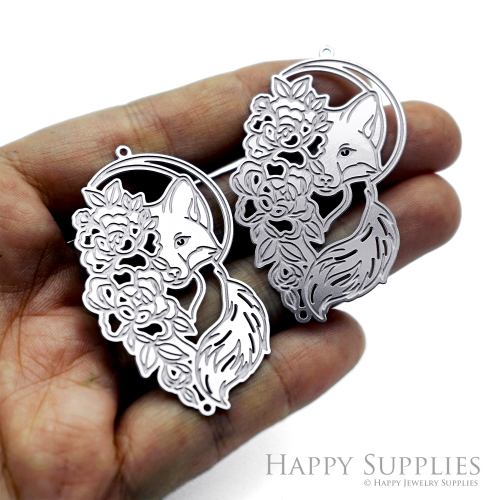 Floral Fox Moon Charm, Woodland Animal Steel Pendant, Etched Stainless Steel Finding, Forest Earring Supplies (SSB1292)