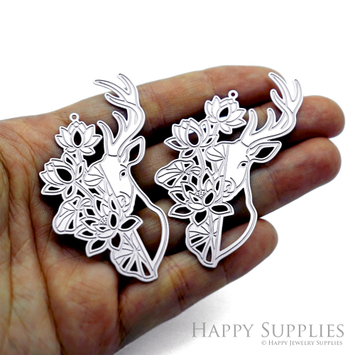 Lotus Deer Steel Charm, Floral Stag Antler Pendant, Etched Stainless Steel Finding, Woodland Jewelry Supplies (SSB1291)