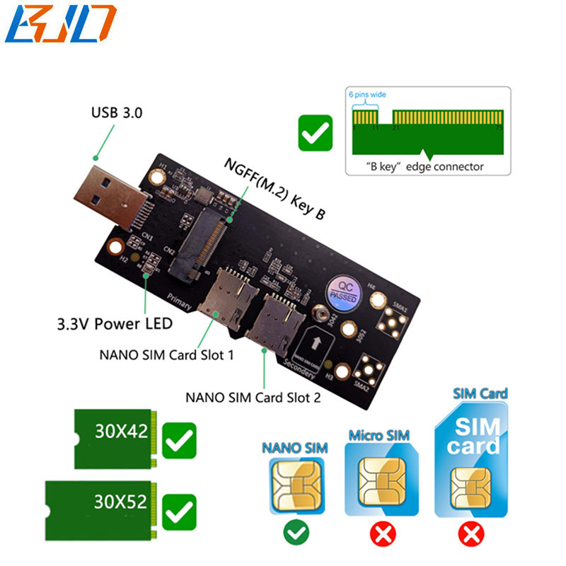 NGFF M.2 M2 B-Key to USB 3.0 Wireless Module Adapter Card with Dual NANO SIM Slot For 5G 4G LTE GSM Modem
