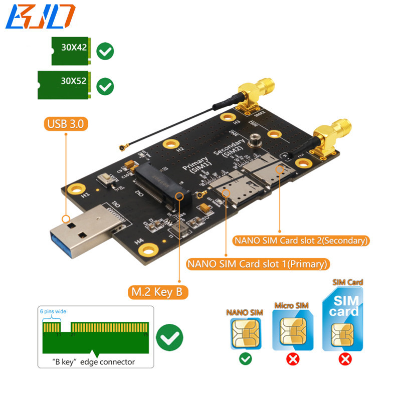 5G 4G LTE GSM Module NGFF M.2 Key B to USB 3.0 USB3.0 Wireless Adapter Card with 2 Nano SIM Slot & Antennas