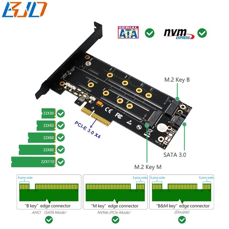 NGFF M.2 M-key & B-key to PCI-E PCI Express 3.0 4X Riser Card with Heatsink for M2 SATA-Based and NVME SSD