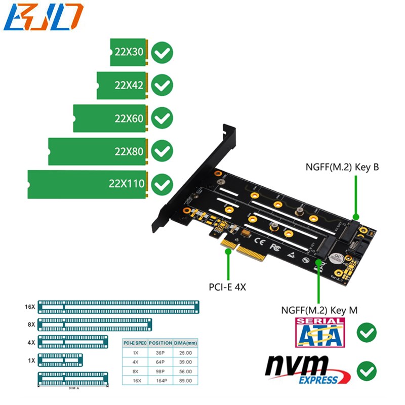 NGFF M.2 M-key & B-key to PCI-E PCI Express 3.0 4X Riser Card with Heatsink for M2 SATA-Based and NVME SSD