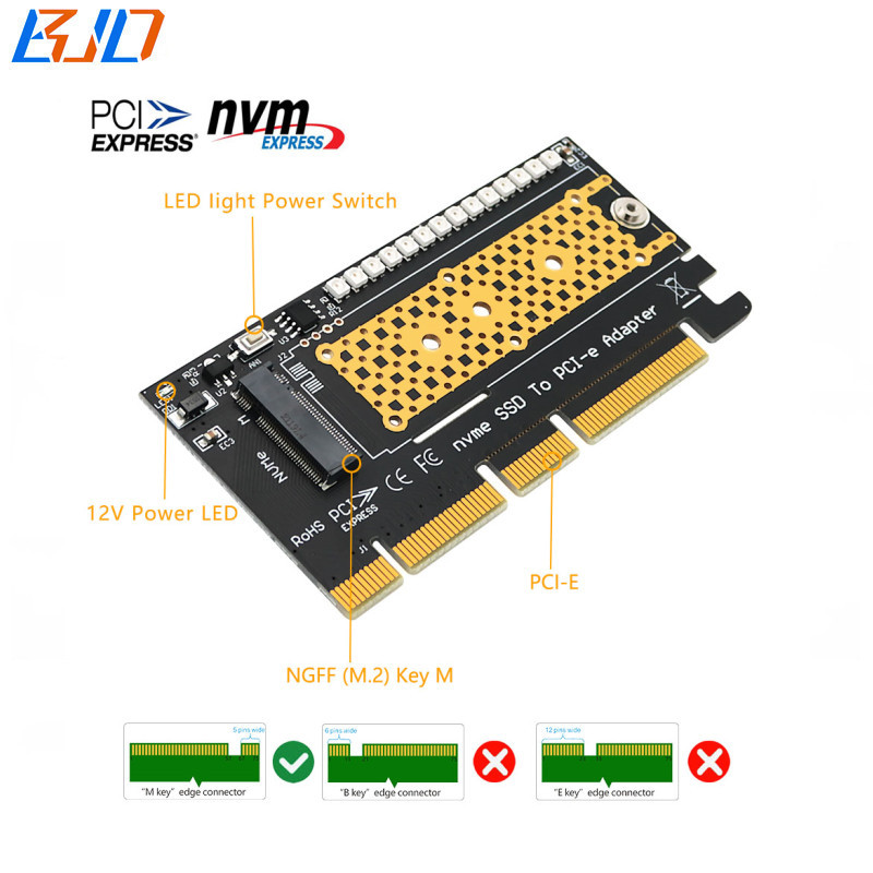 M.2 NGFF Key-M M2 Nvme SSD Adapter to PCI-E PCI Express 4X Converter Riser Card With 14 * Colorful 3528 LED and Heatsink