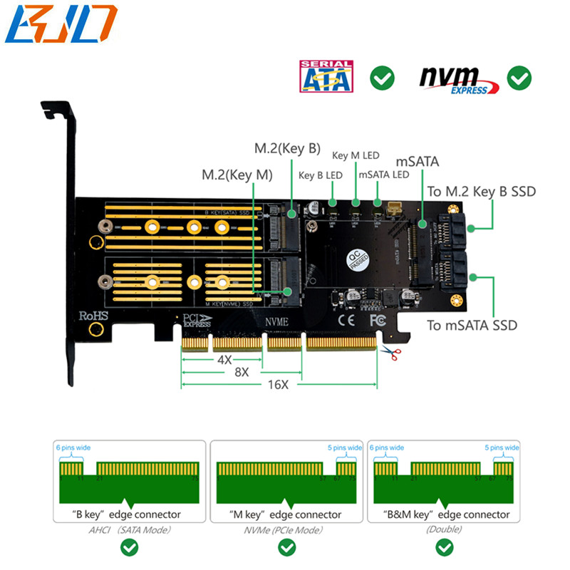 M.2 NGFF Key-M key-B Msata SSD Adapter to PCIe PCI-E 3.0 4X 8X 16X Expansion Riser Card with Black Heatsink for NGFF M2 NVME SATA Msata SSD