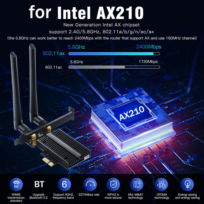 5374Mbps Wifi Adapter PCI-E 1X Wireless Card AX210 2.4G 5G 6G 802.11ac/ax WiFi6E BT5.3 MU-MIMO For Game PC Computer