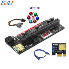 VER16X PCI-E 16X to X1 Riser Card 14 Colorful LEDs &amp; Temperature Sensor PCIe 1X Adapter 180 Degree For Graphics Card Rig