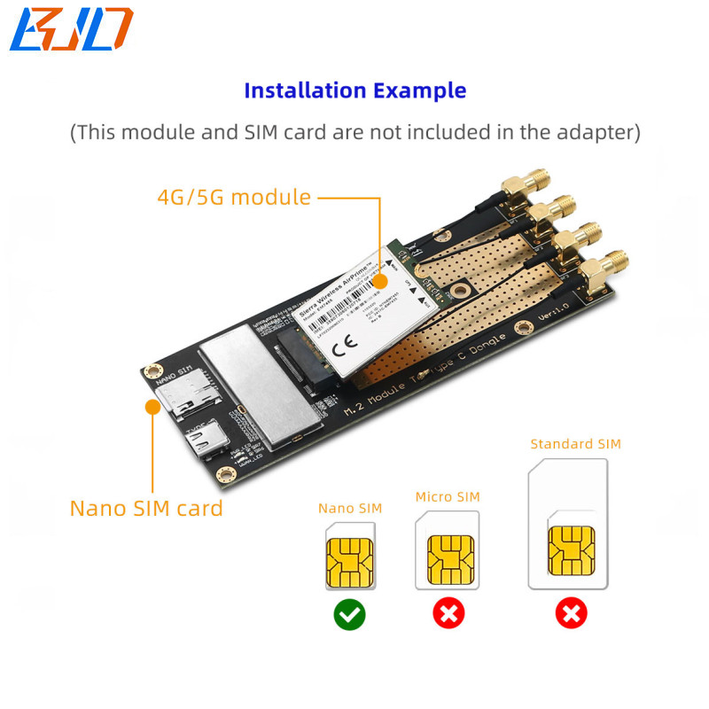 USB TypeC Connector to NGFF M.2 BKey Wireless Adapter Card Nano SIM