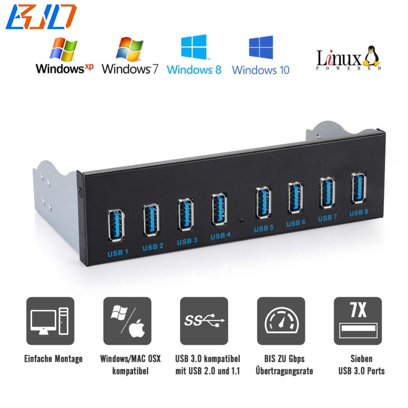 8 x USB 3.0 Hub 5.25" Desktop Front Panel With USB 19Pin Connector for PC Computer Case