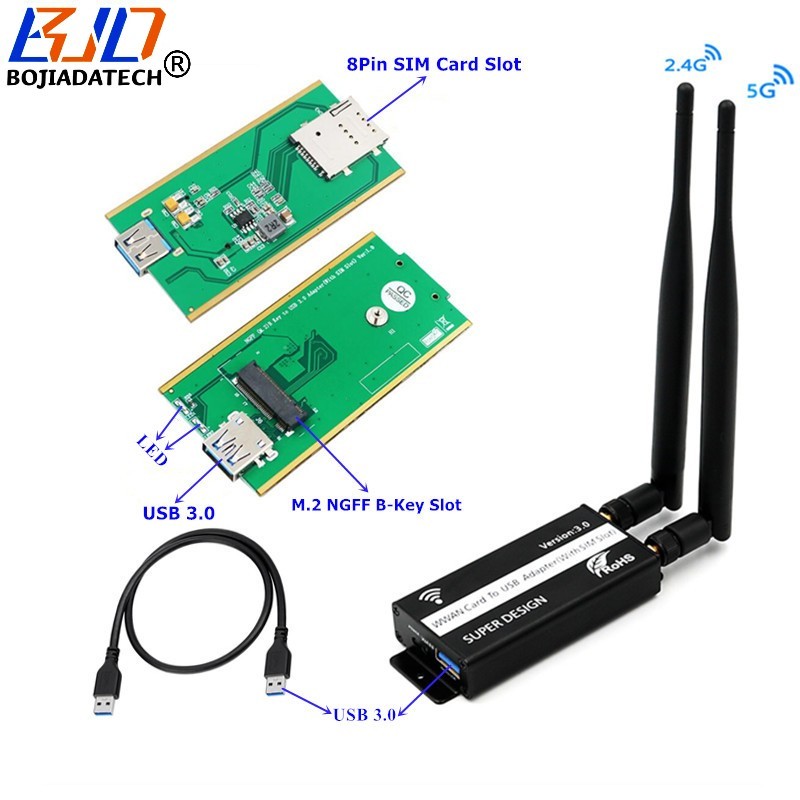 NGFF M.2 Key-B to USB 3.0 Wireless Adapter Card Dual Antenna Protection Case for 3G 4G LTE GSM Modem Module