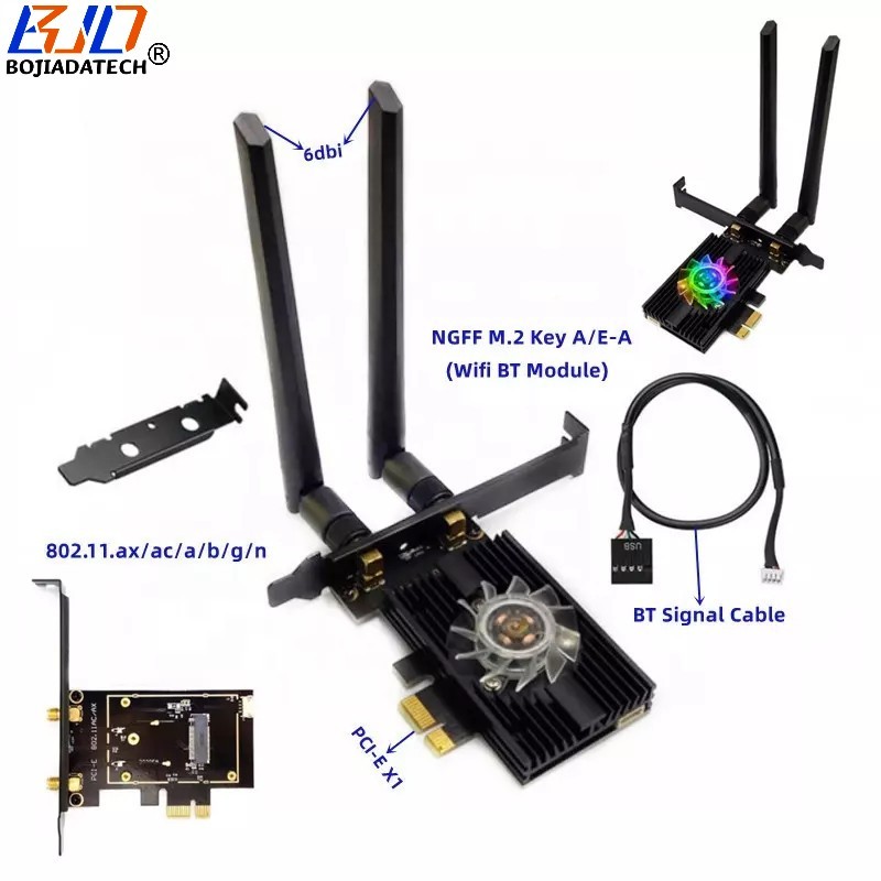 Wifi BT PCIe Adapter PCI-E 1X Wireless Card with Dual 6dbi Antenna RGB Fan Heatsink For Intel AX210 AX200 AMD MT7921k Wifi BT Module