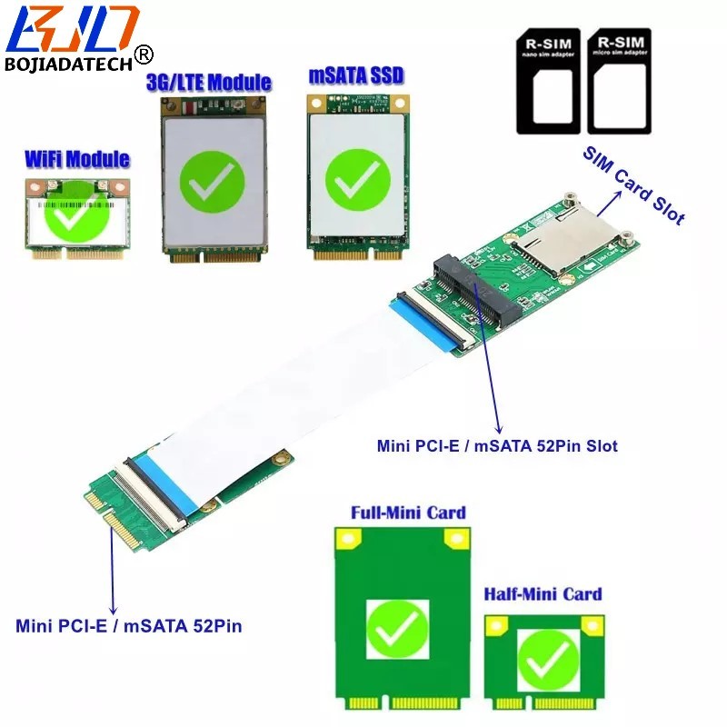 Mini PCI-E MPCIe Msata Adapter Flexible Extension Cable with SIM Card Slot for WIFI Module & 3G 4G LTE Modem / Msata SSD