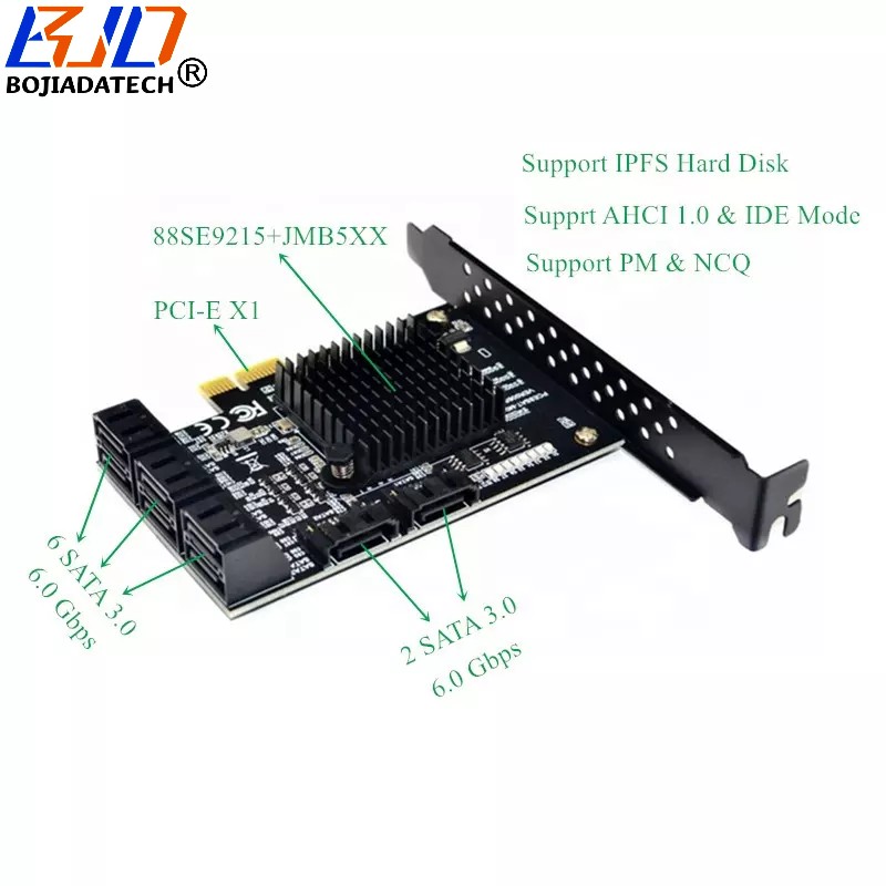 8 SATA3 SATA 3.0 to PCI-E PCIe 1X Expansion Riser Card Marvell 88SE9215