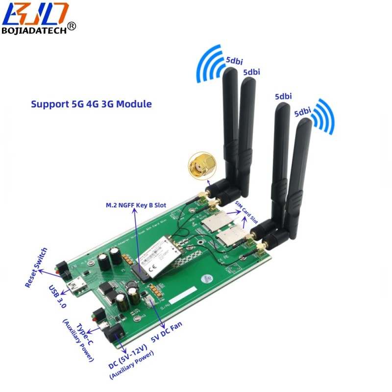 NGFF M.2 Key B to USB 3.0 Connector Wireless Adapter Card Dual SIM Slot With 4 Antennas Support 5G 4G 3G Module Modem