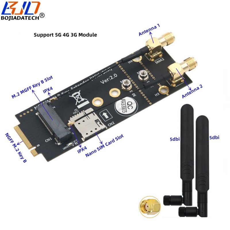 M.2 NGFF M2 Key-B Wireless Module Adapter NANO SIM Card Slot Dual Antennas For 5G 4G 3G Modem