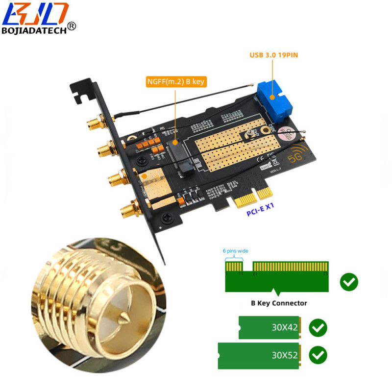 Desktop PCI Express PCI-E 1X To NGFF M.2 B Key Wireless Module Adapter Card Dual Nano SIM Socket Support 5G 4G 3G LTE GSM Modem