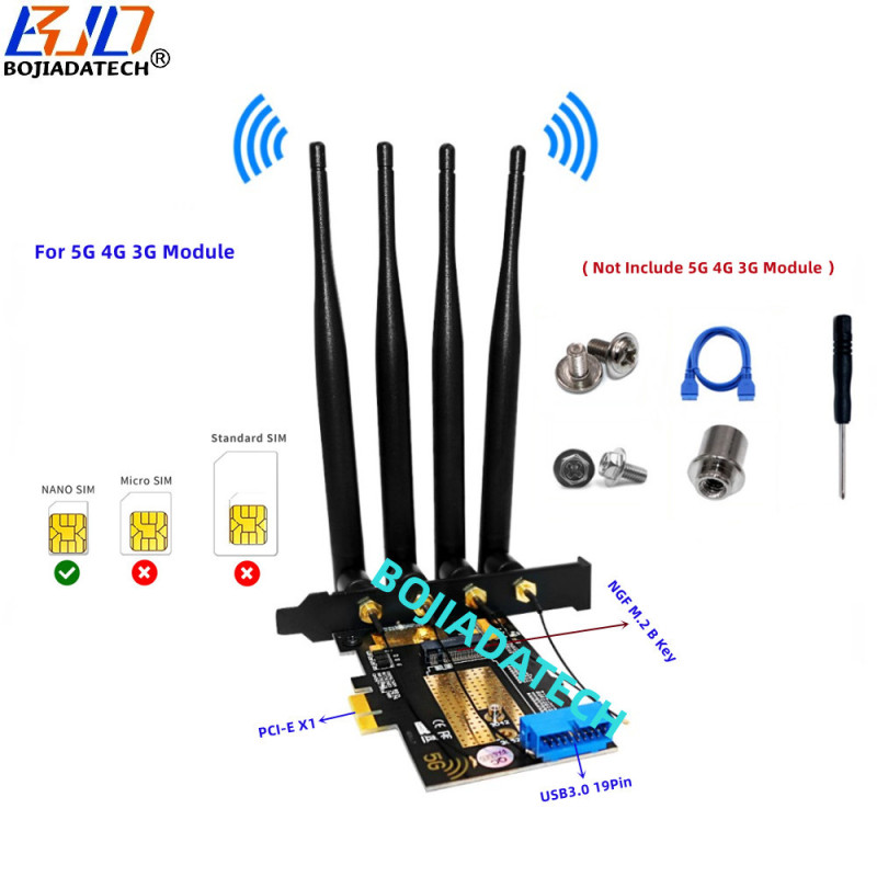 Desktop PCI Express PCI-E 1X To NGFF M.2 B Key Wireless Module Adapter Card Dual Nano SIM Socket Support 5G 4G 3G LTE GSM Modem