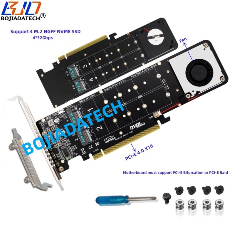 4 Ports M.2 NGFF NVMe to PCI Express 4.0 16X PCI-E 3.0 X16 SSD Adapter Card Only Support PCIe Bifurcation Motherboards