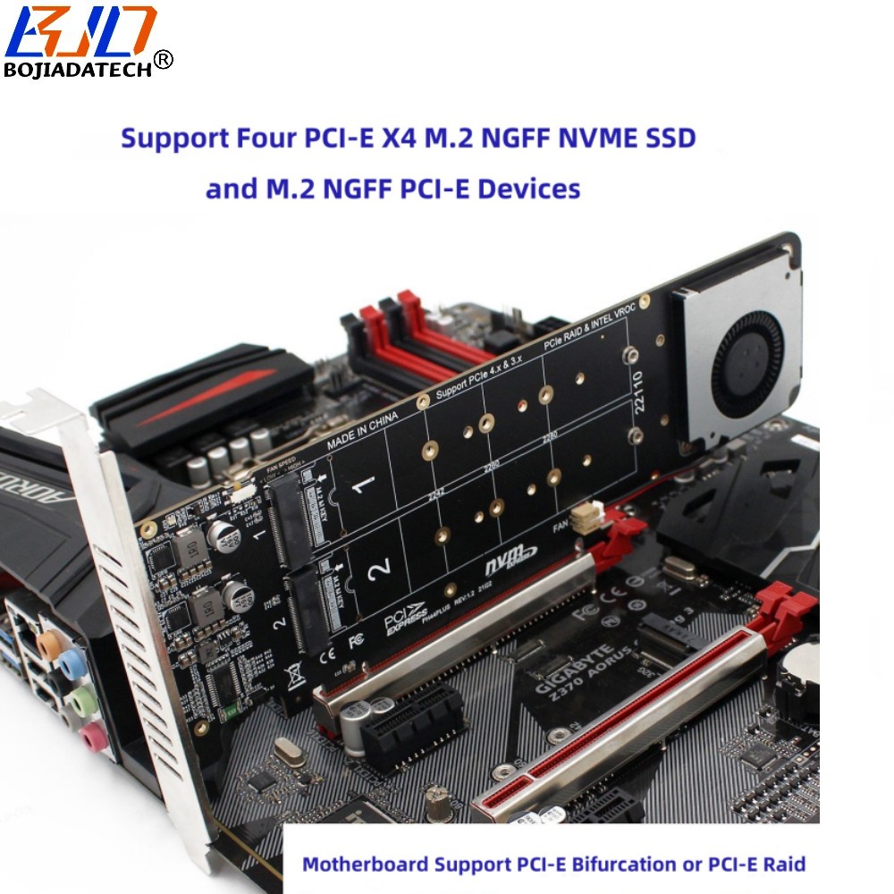 4 Ports M.2 NGFF NVMe to PCI Express 4.0 16X PCI-E 3.0 X16 SSD Adapter Card Only Support PCIe Bifurcation Motherboards