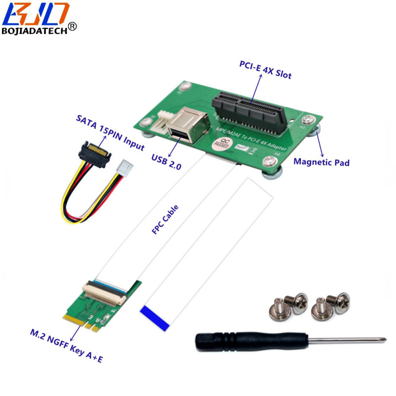 PCI-E X4 Slot & USB 2.0 Connector To NGFF M.2 Key A+E Adapter Riser Card With High Speed FPC Cable Vertical Installation