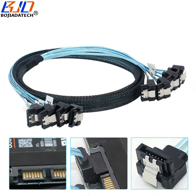 Computer Motherboard Mini SAS 4 Sata 3.0 Connector To 4 Sata3 7Pin Dual Right Angle Hard Disk Drive Data Extension Cable 0.5M