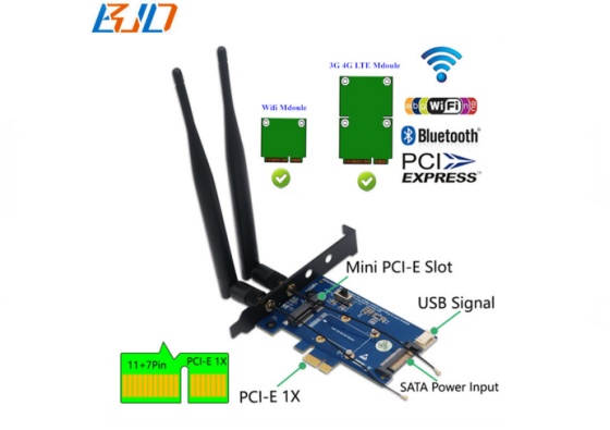 Mini PCI-E 52Pin PCI Express PCIe 1X Wireless Adapter Card SIM Slot 2 Antennas For WiFi BT Module / 4G 3G LTE GSM Modem