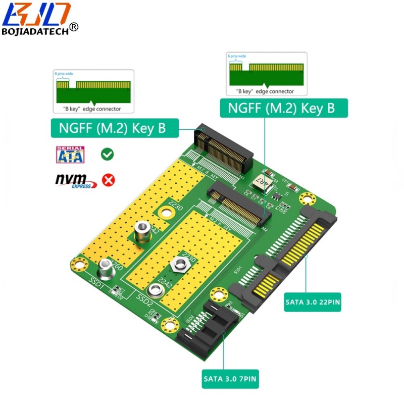 SATA 3.0 22PIN Interface to 2 x NGFF M.2 Key-B Key B+M SATA SSD Converter Adapter Card With SATA 3.0 Data Cable