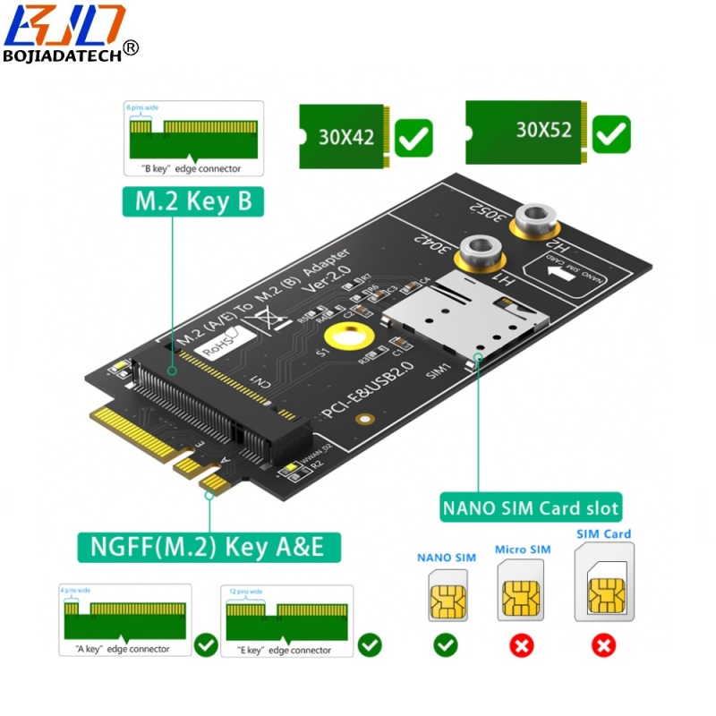 NGFF M.2 Key A+E Interface To M2 Key-B Wireless Adapter With 1 NANO SIM Card Slot For 3G 4G GSM LTE WWAN Modem 5G Module