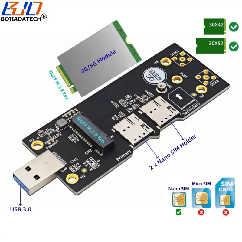 NGFF M.2 M2 B-Key to USB 3.0 Wireless Module Adapter Card with Dual NANO SIM Slot For 5G 4G LTE GSM Modem