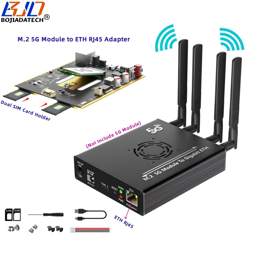 M.2 5G Module to ETH RJ45 Wired Lan Adapter Dual SIM Card Holder With Fan & 4 Antennas for Quectel RM520N-GL RM521F-GL RM530N-GL