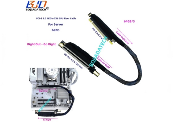 90 Degree GEN5 PCI-E 5.0 16X to X16 GPU Riser Cable 40CM 60CM 80CM for RTX5090 RX9070XT L40S A100 H100 AI Server Graphics Card