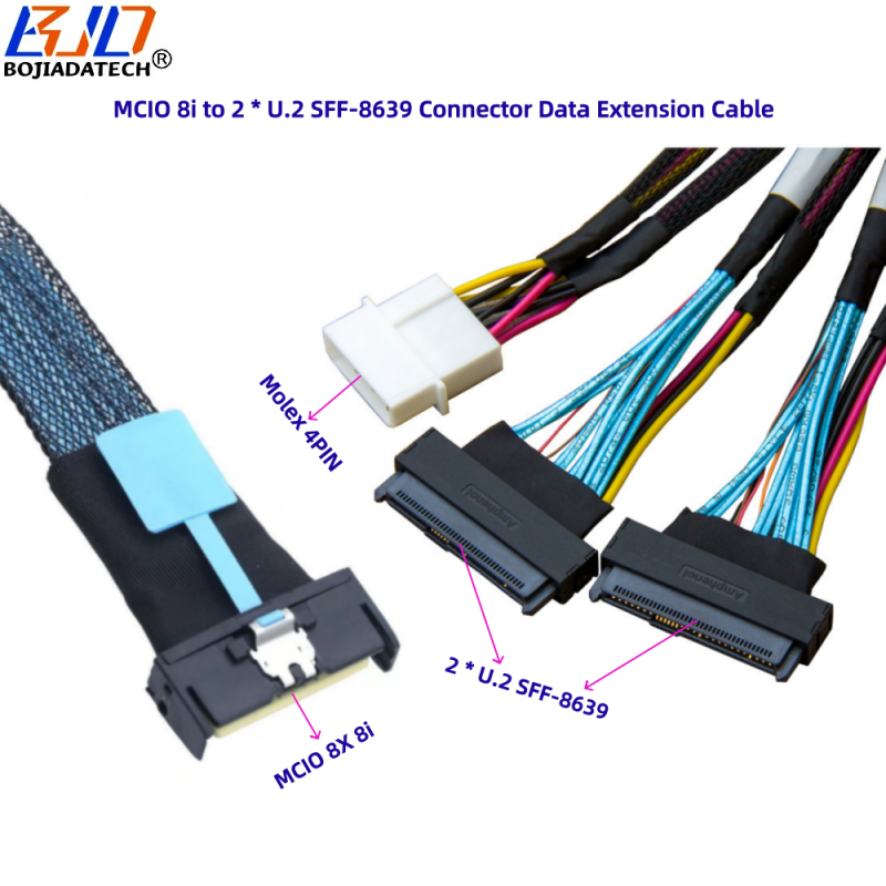 PCI-E 5.0 MCIO 8x 8i 74PIN Host to 2 * SFF-8639 U.2 Molex 4PIN Power Data Extension Cable 0.5M 0.8M for U2 NVME SSD