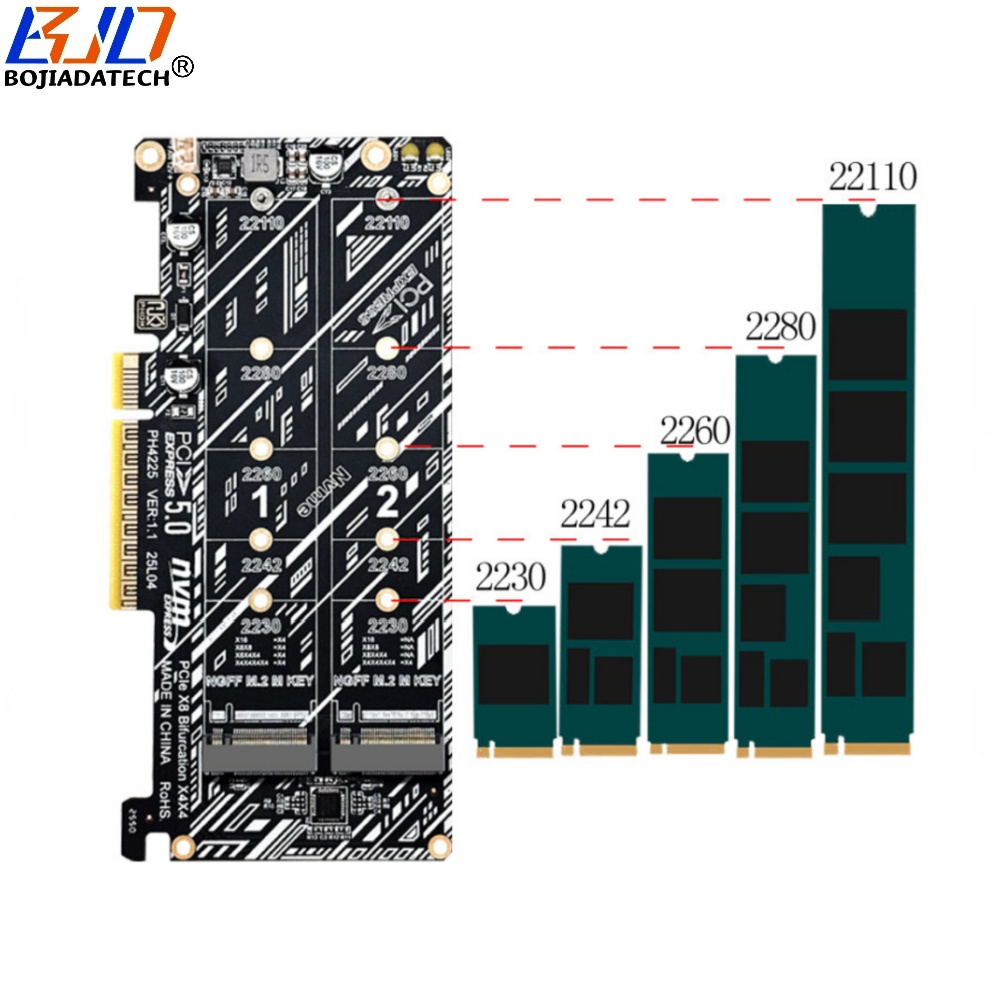 PCI Express GEN5 PCI-E 5.0 8X to Dual 2 NGFF M.2 M-Key Adapter Converter Card for 2280 22110 M2 NVME SSD
