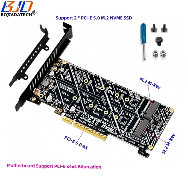 PCI Express GEN5 PCI-E 5.0 8X to Dual 2 NGFF M.2 M-Key Adapter Converter Card for 2280 22110 M2 NVME SSD